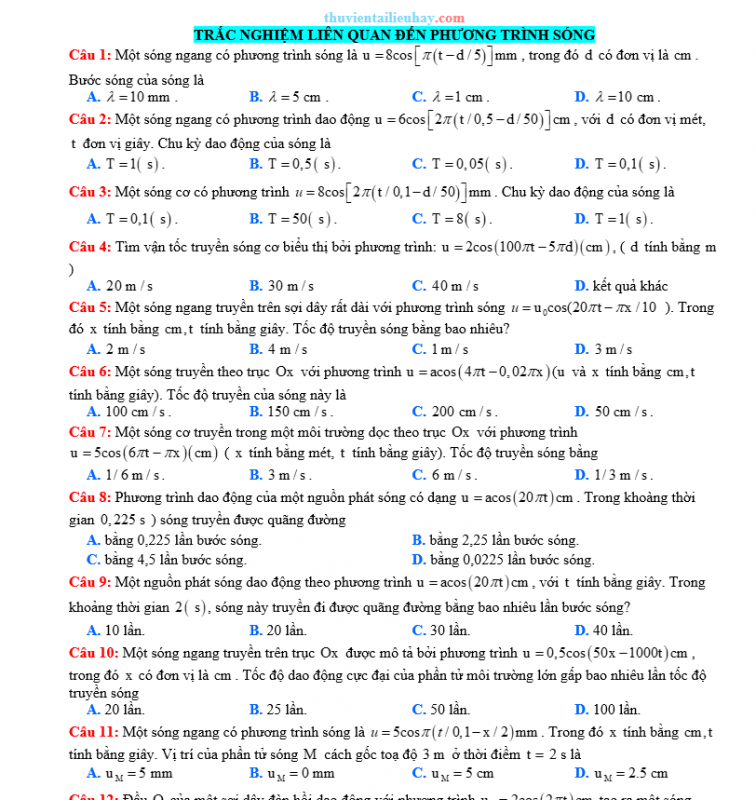 30 Câu Trắc Nghiệm Phương Trình Sóng Vật Lí 11