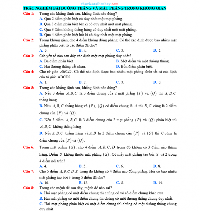 35 Câu Trắc Nghiệm Toán 11: Đường Thẳng Và Mặt Phẳng Trong Không Gian