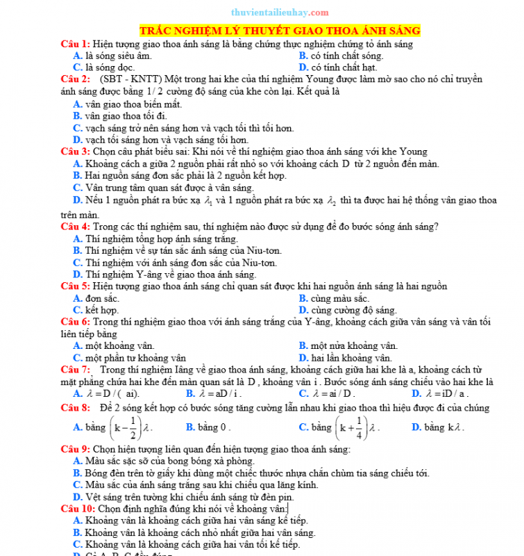 35 Câu Trắc Nghiệm Lý Thuyết Giao Thoa Ánh Sáng Vật Lí 11