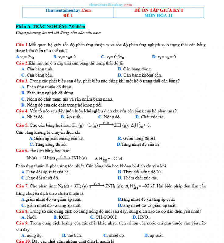 Bộ Đề Ôn Tập Giữa Học Kỳ 1 Môn Hóa Lớp 11 Năm 2023-2024
