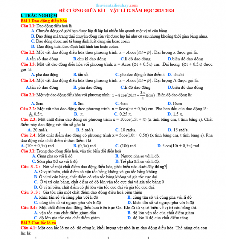 Đề Cương Ôn Tập Giữa Học Kỳ 1 Môn Vật Lí 12 Năm 2023-2024