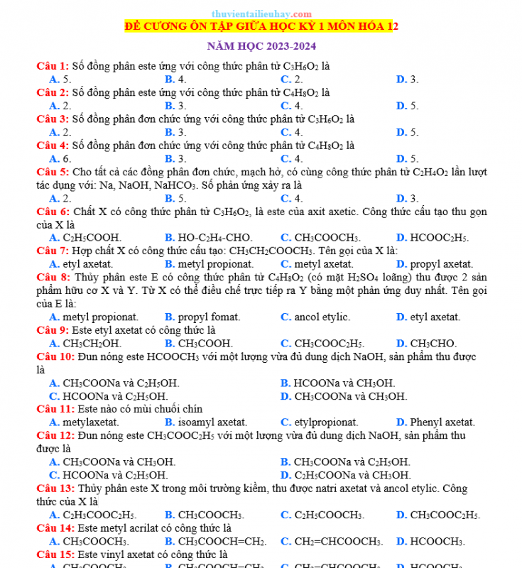 Đề Cương Ôn Thi Giữa Học Kỳ 1 Môn Hóa Lớp 12 Năm Học 2023-2024