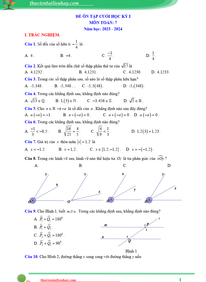Đề Cương Ôn Tập Cuối Học Kì 1 Môn Toán 7 Năm 2023-2024
