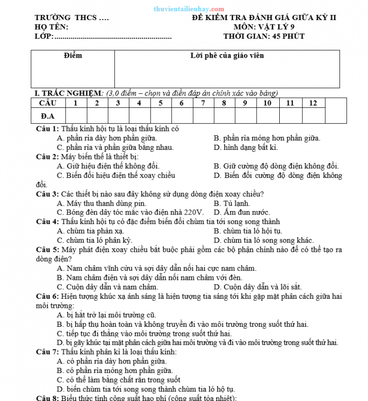 Đề Thi Giữa HK2 Môn Vật Lý Lớp 9 Năm 2022-2023