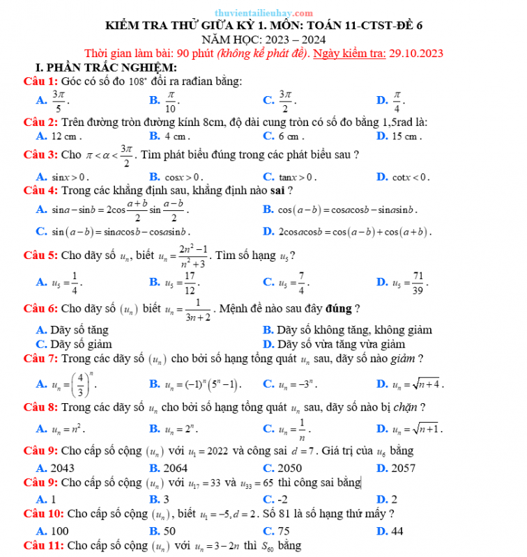 Đề Kiểm Tra Giữa HK 1 Môn Toán Lớp 11 CTST Đề 6
