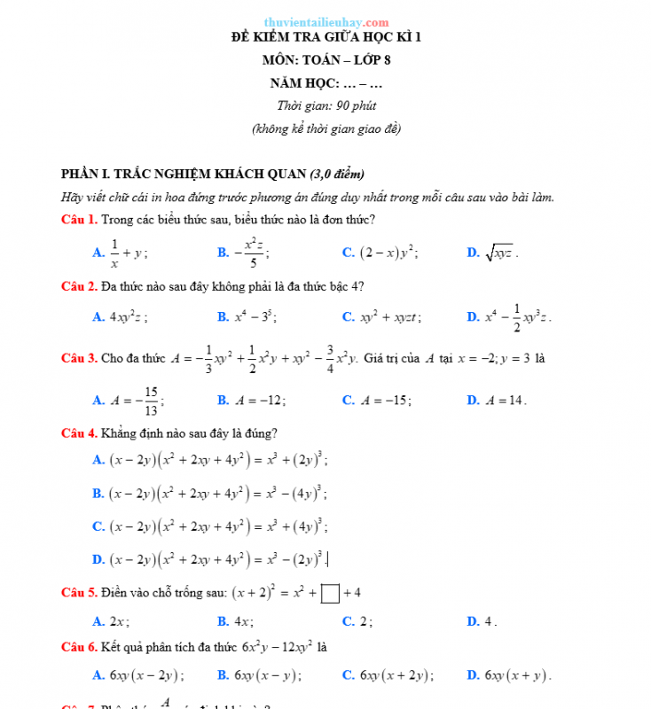 Đề Thi Giữa Học Kỳ 1 Môn Toán Lớp 8 Cánh Diều Đề 1