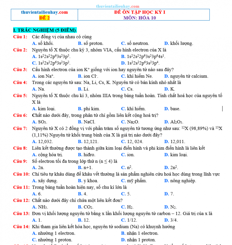 Đề Ôn Thi Học Kỳ 1 Môn Hóa Lớp 10 Chân Trời Sáng Tạo Đề 2