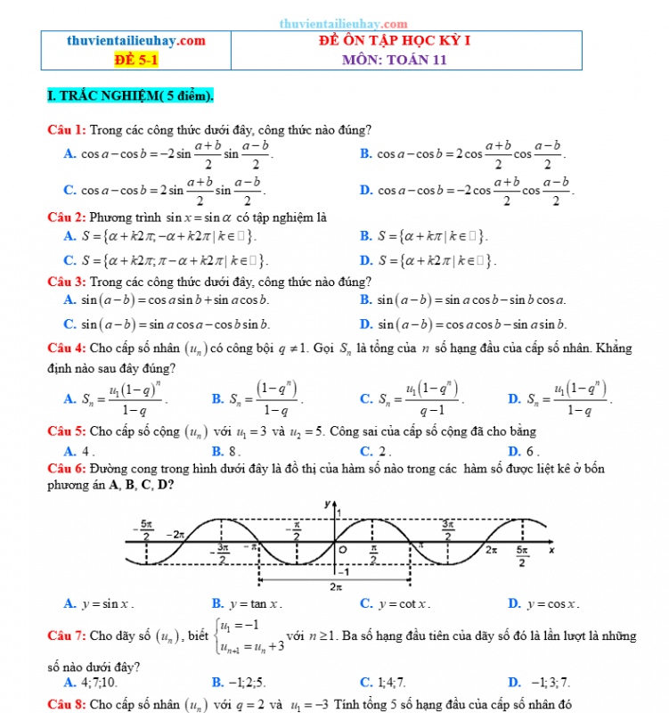 Đề Kiểm Tra Giữa HK 1 Môn Toán Lớp 11 KNTT Đề 5