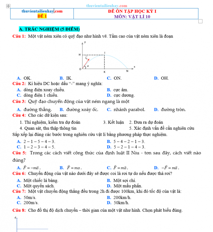 Đề Ôn Thi Học Kỳ 1 Môn Vật Lí Lớp 10 Kết Nối Tri Thức Đề 1