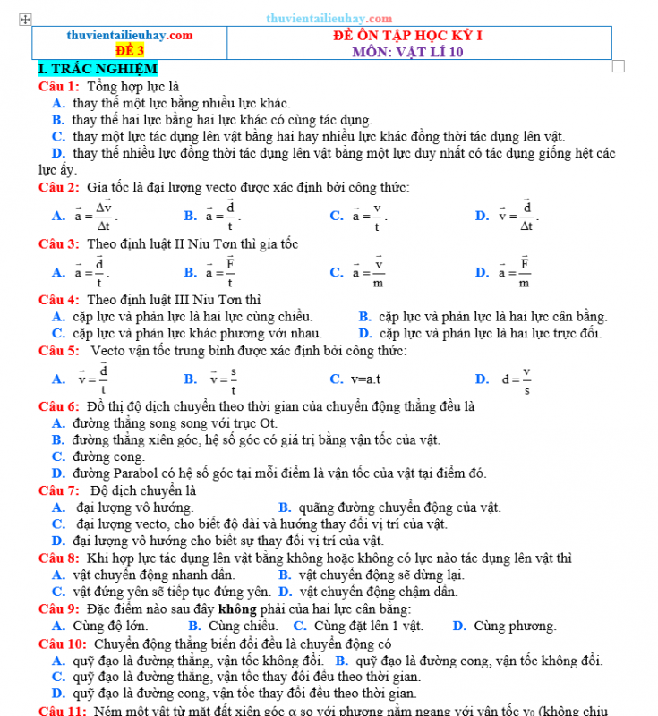 Đề Ôn Thi Học Kỳ 1 Môn Vật Lí Lớp 10 Kết Nối Tri Thức Đề 3