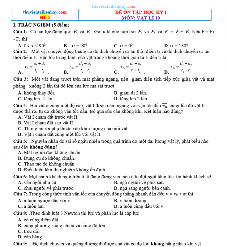 Đề Ôn Thi Học Kỳ 1 Môn Vật Lí Lớp 10 Kết Nối Tri Thức Đề 4