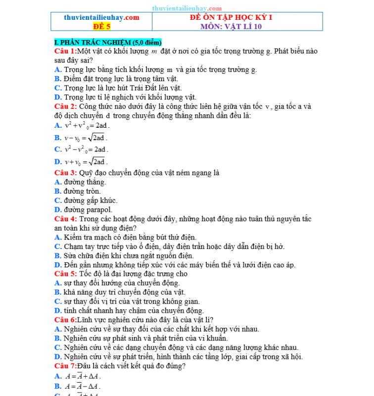 Đề Ôn Thi Học Kỳ 1 Môn Vật Lí Lớp 10 Kết Nối Tri Thức Đề 5
