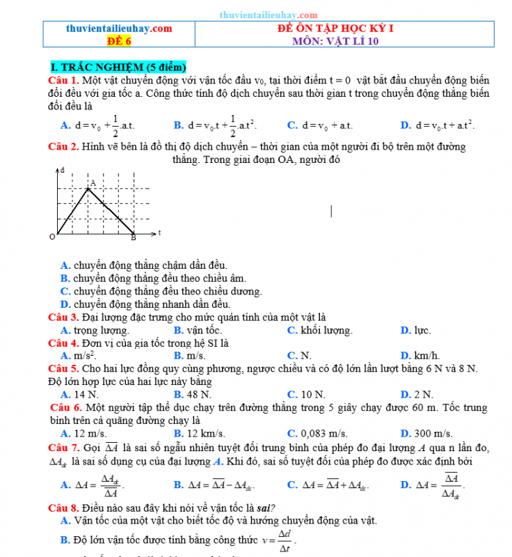 Đề Ôn Thi Học Kỳ 1 Môn Vật Lí Lớp 10 Kết Nối Tri Thức Đề 6