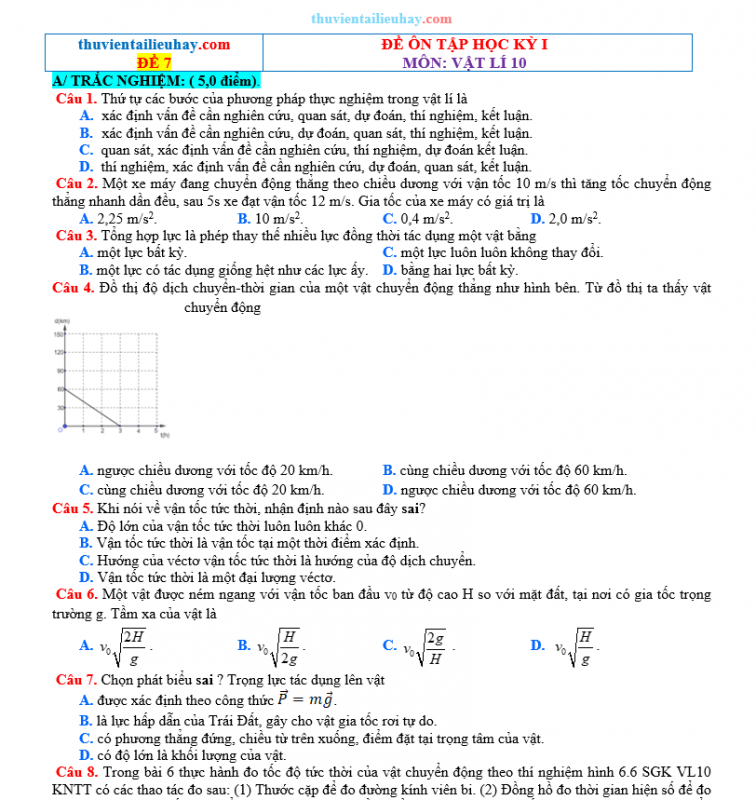 Đề Ôn Thi Học Kỳ 1 Môn Vật Lí Lớp 10 Kết Nối Tri Thức Đề 7