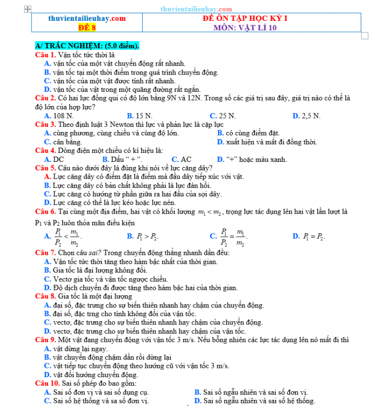 Đề Ôn Thi Học Kỳ 1 Môn Vật Lí Lớp 10 Kết Nối Tri Thức Đề 8
