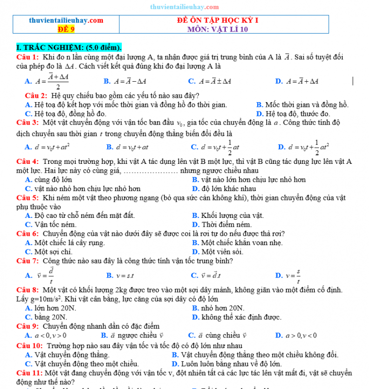 Đề Ôn Thi Học Kỳ 1 Môn Vật Lí Lớp 10 Kết Nối Tri Thức Đề 9