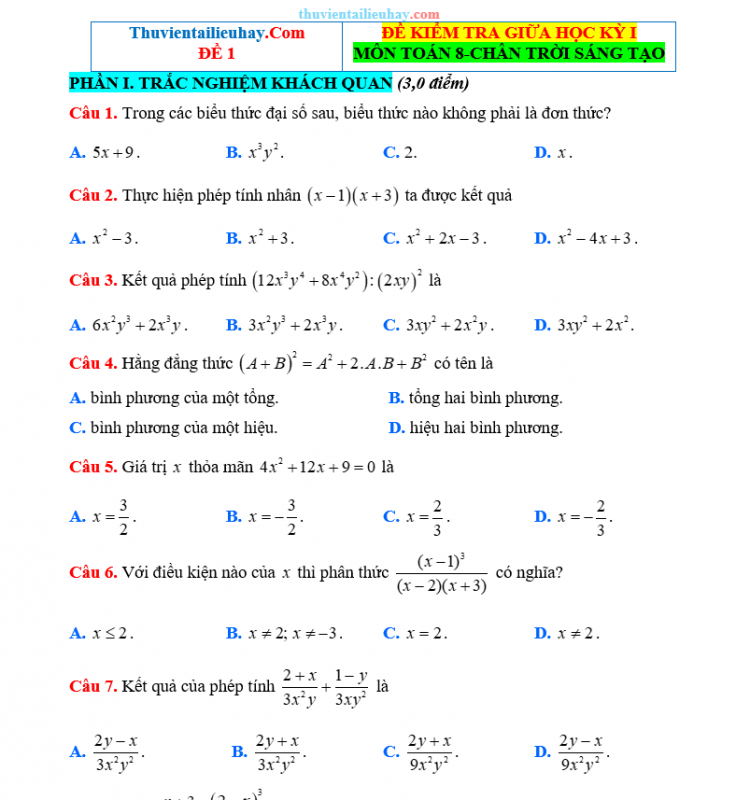 Đề Kiểm Tra Giữa HK 1 Môn Toán Lớp 8 Chân Trời Sáng Tạo Đề 1