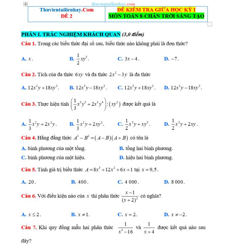 Đề Kiểm Tra Giữa HK 1 Môn Toán Lớp 8 Chân Trời Sáng Tạo Đề 2