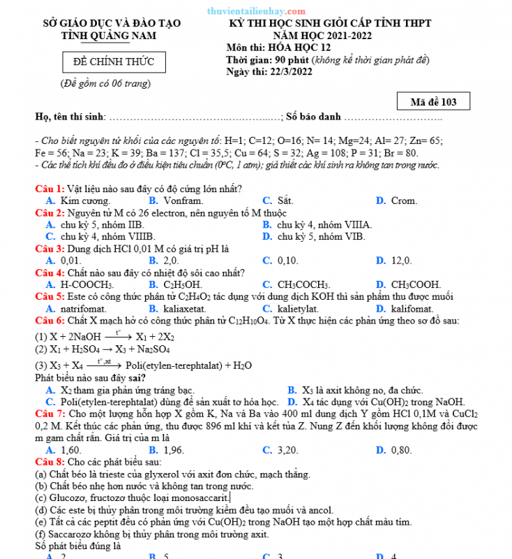 Đề Thi HSG Môn Hóa Lớp 12 Sở Giáo Dục Quảng Nam 2022