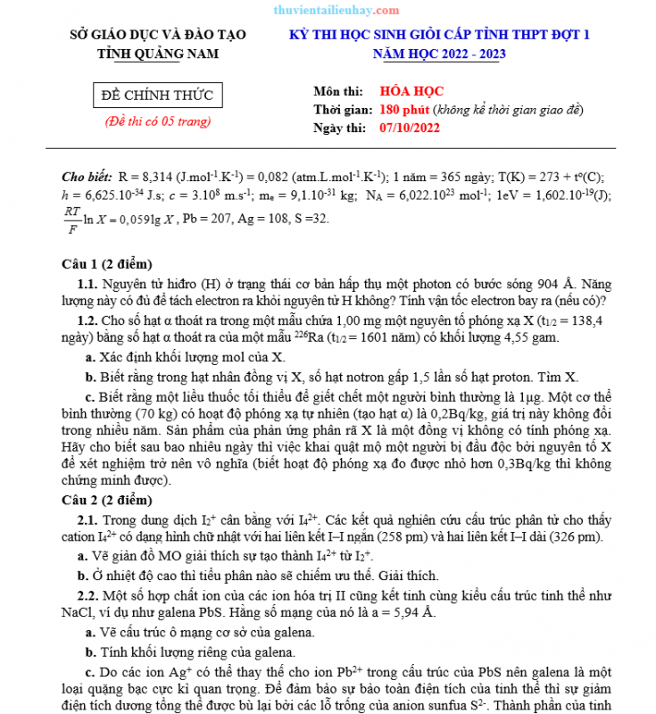 Đề Thi HSG Môn Hóa Lớp 12 Chuyên Sở Giáo Dục Quảng Nam 2022-2023