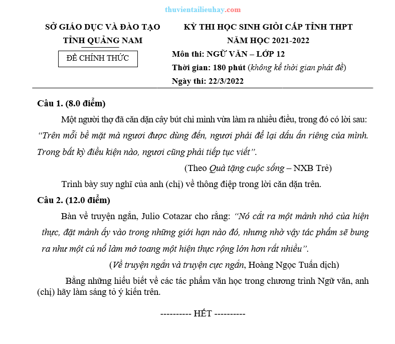 Đề Thi HSG Môn Ngữ Văn Lớp 12 Sở Giáo Dục Quảng Nam 2022