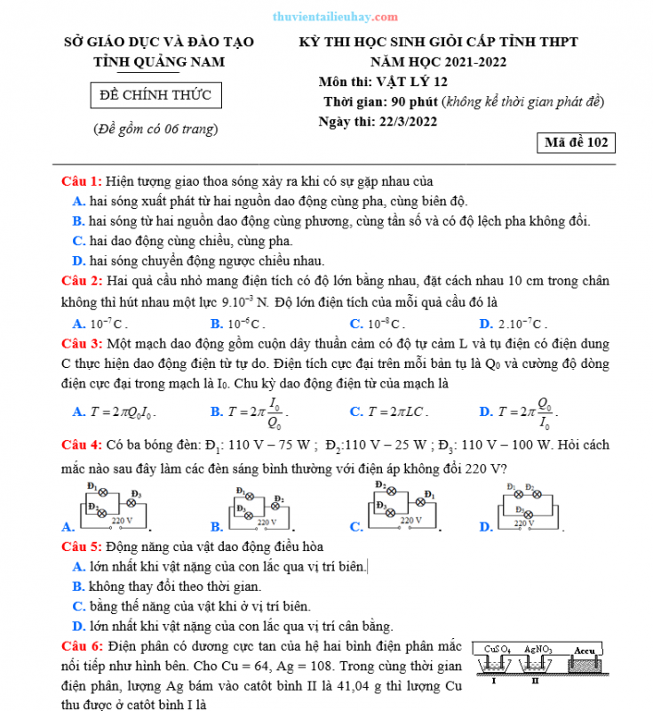 Đề Thi HSG Môn Vật Lí 12 Sở Giáo Dục Quảng Nam Năm 2022