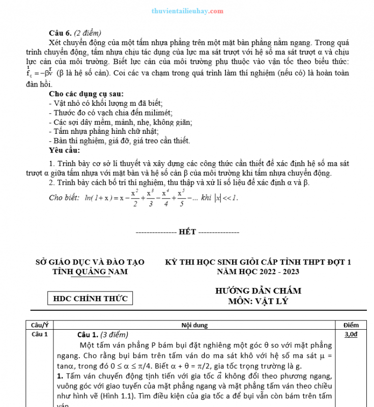 Đề Thi HSG Môn Vật Lí Lớp 12 Chuyên Quảng Nam 2022-2023