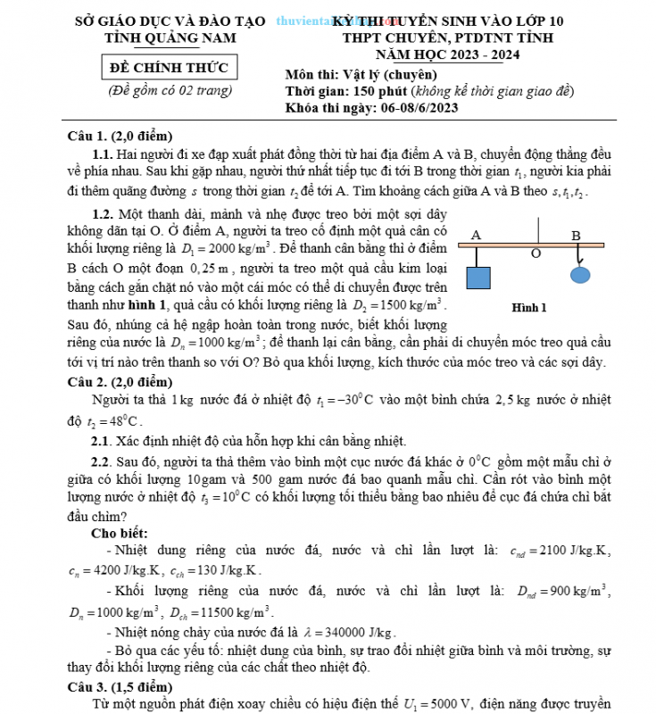 Đề Tuyển Sinh Vào Lớp 10 Môn Lý Chuyên Sở GD Quảng Nam 2023-2024
