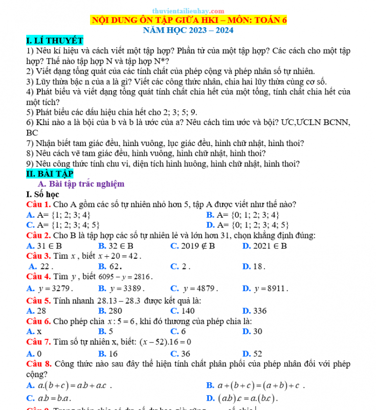 Nội Dung Ôn Tập Giữa Học Kỳ 1 Môn Toán 6 Năm 2023-2024