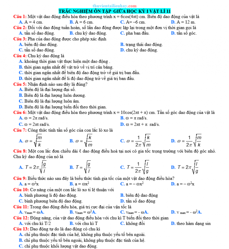 40 Câu Trắc Nghiệm Ôn Tập Giữa HK 1 Môn Vật Lí Lớp11 Kết Nối Tri Thức