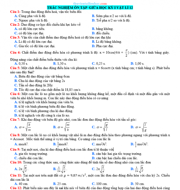 40 Câu Trắc Nghiệm Ôn Tập Giữa Học Kỳ 1 Môn Vật Lí Lớp 12 