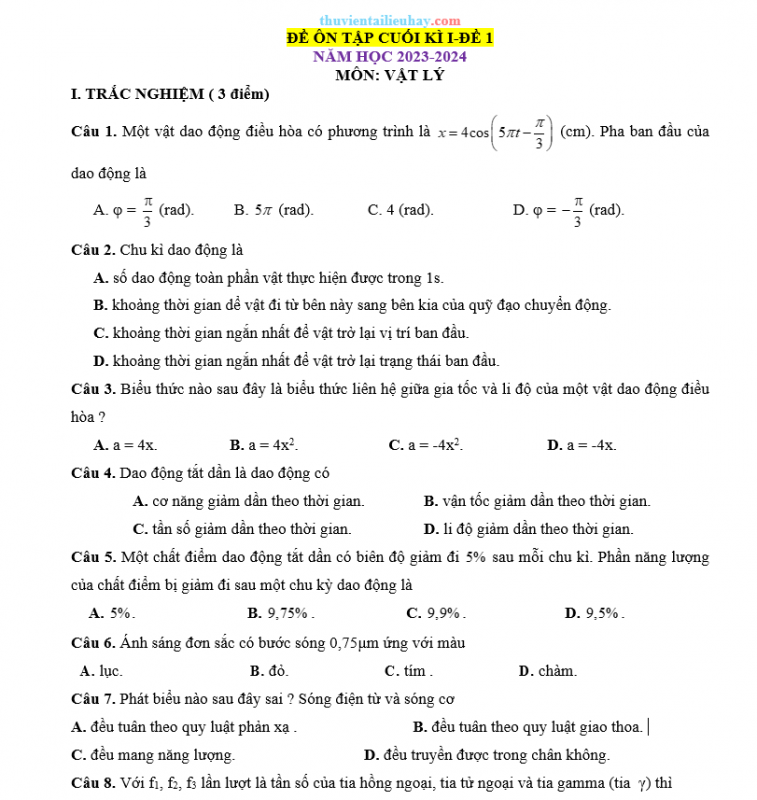 Bộ Đề Ôn Thi Học Kỳ 1 Môn Vật Lý Lớp 11 Cánh Diều Có Đáp Án