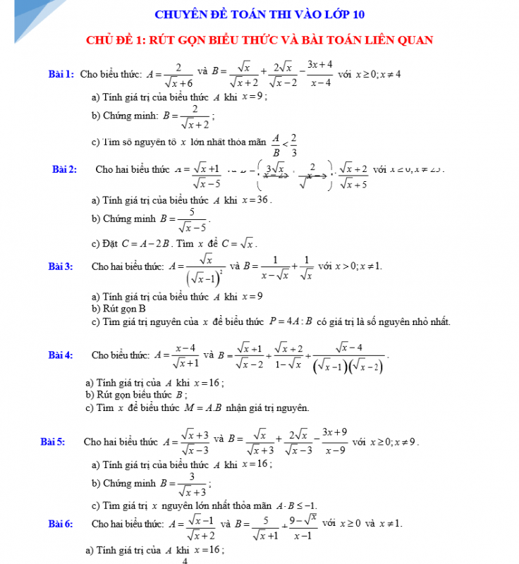 Bài Tập Tổng Hợp Theo Chủ Đề Từ Các Đề Thi Thử Môn Toán Vào Lớp 10 Hà Nội