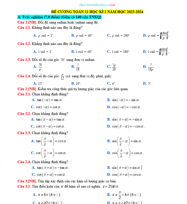 Đề Cương Ôn Tập Học Kỳ 1 Môn Toán Lớp 11 Năm Học 2023-2024
