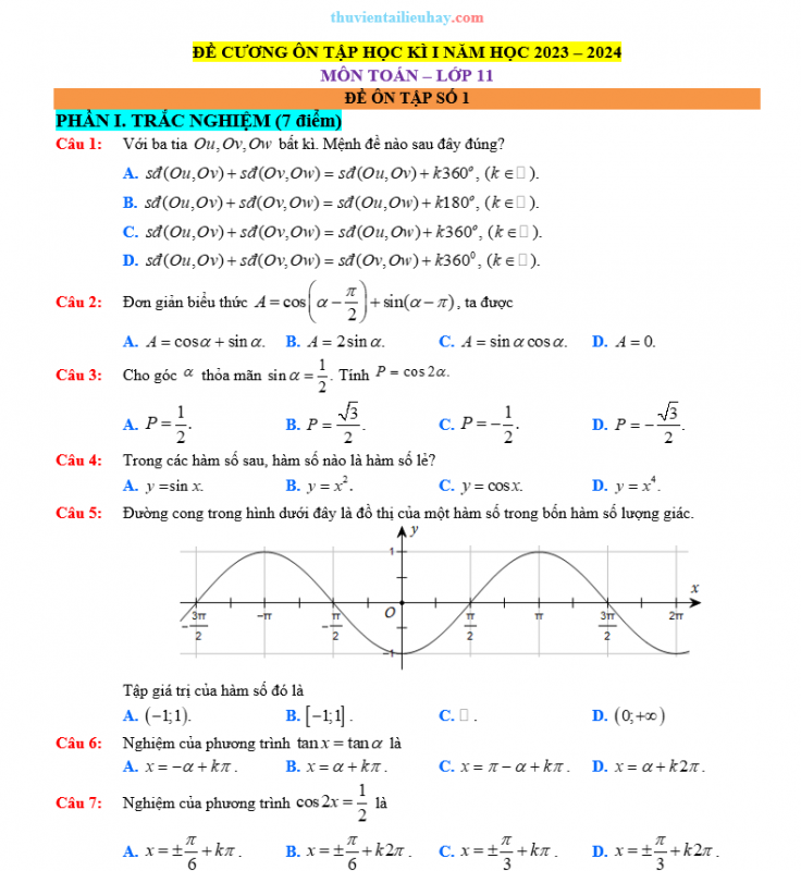 Đề Cương Kiểm Tra HK1 Môn Toán Lớp 11 Kết Nối Tri Thức 2023-2024