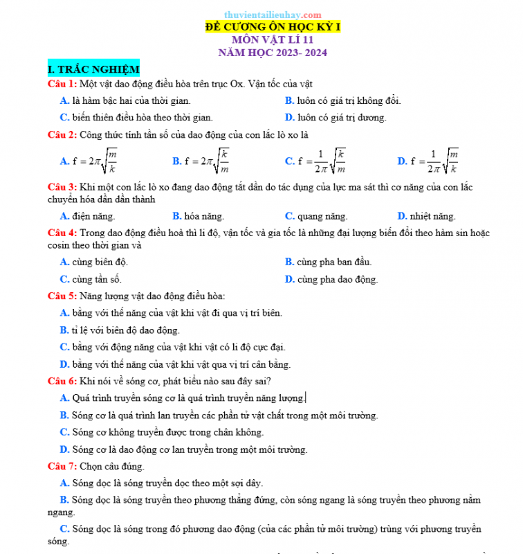 Đề Cương Ôn Tập Học Kỳ 1 Môn Vật Lí Lớp 11 Năm 2023-2024