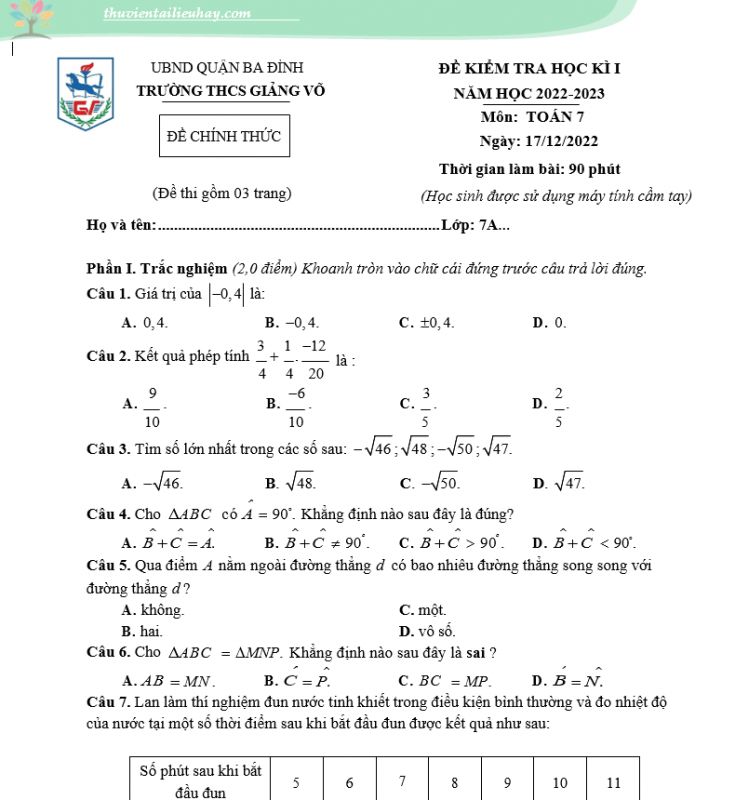 Đề Thi Học Kì 1 Môn Toán Lớp 7 Chương Trình Mới