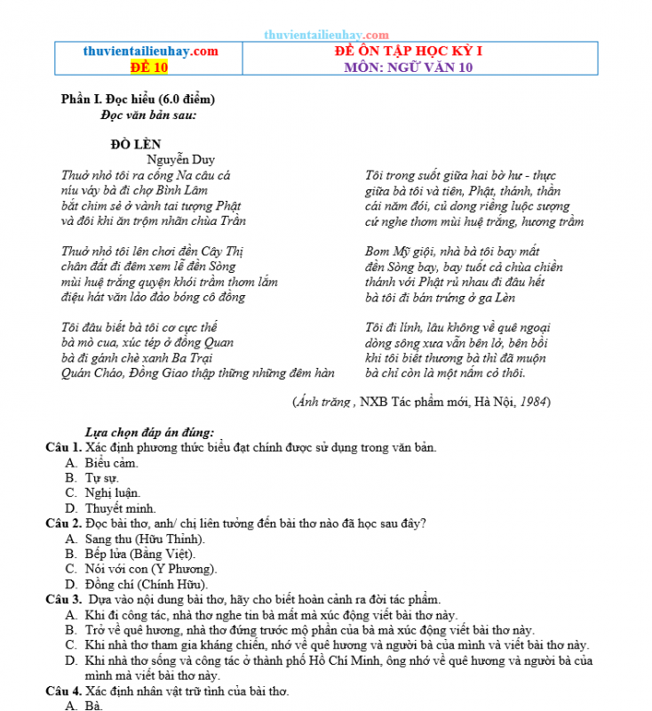 Đề Kiểm Tra Học Kỳ 1 Ngữ Văn Lớp 10 Kết Nối Tri Thức Đề 10