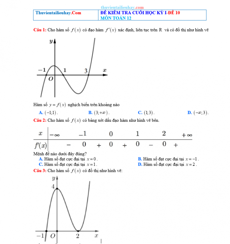 Đề Kiểm Tra HK1 Môn Toán Lớp 12 Năm 2023-2024 Đề 10