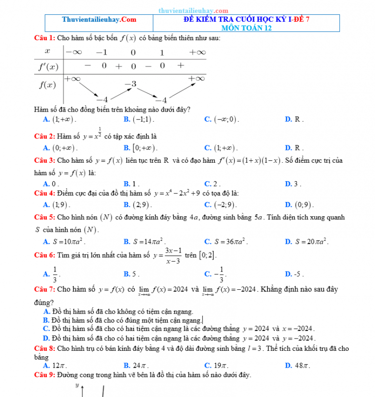 Đề Kiểm Tra HK1 Môn Toán Lớp 12 Năm 2023-2024 Đề 7