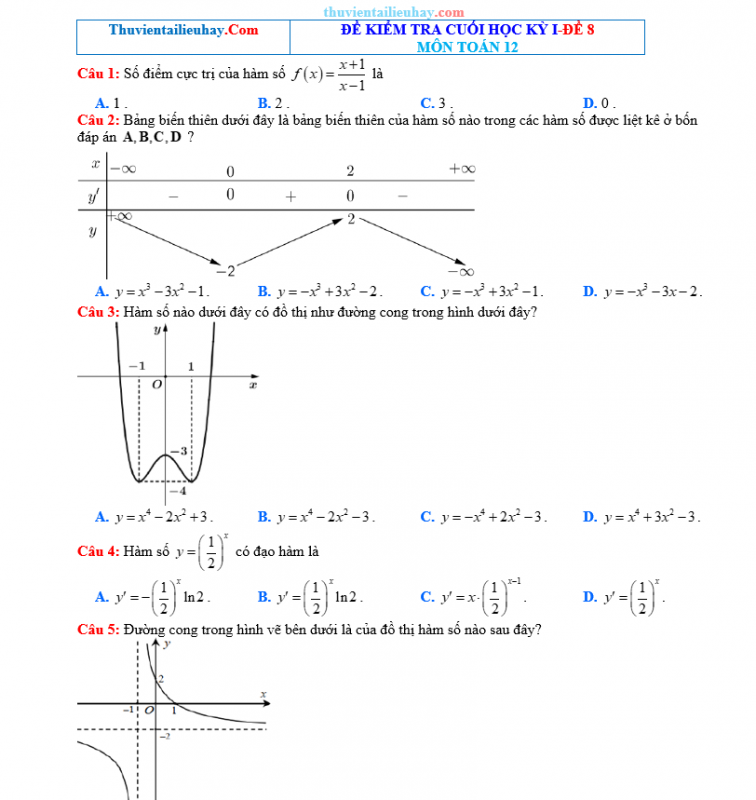 Đề Kiểm Tra HK1 Môn Toán Lớp 12 Năm 2023-2024 Đề 8