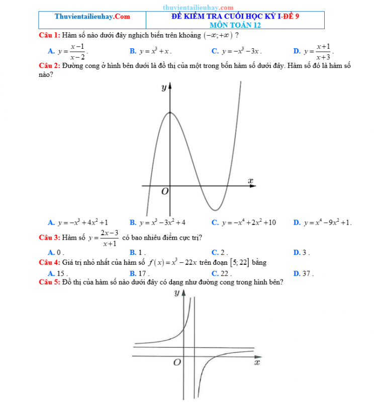 Đề Kiểm Tra HK1 Môn Toán Lớp 12 Năm 2023-2024 Đề 9