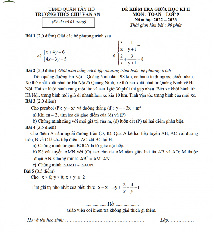 Đề Kiểm Tra Giữa Học Kì 2 Môn Toán Lớp 9 Năm 2022-2023