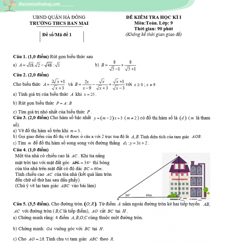 Đề Thi Học Kì 1 Môn Toán Lớp 9 Các Trường Hà Nội