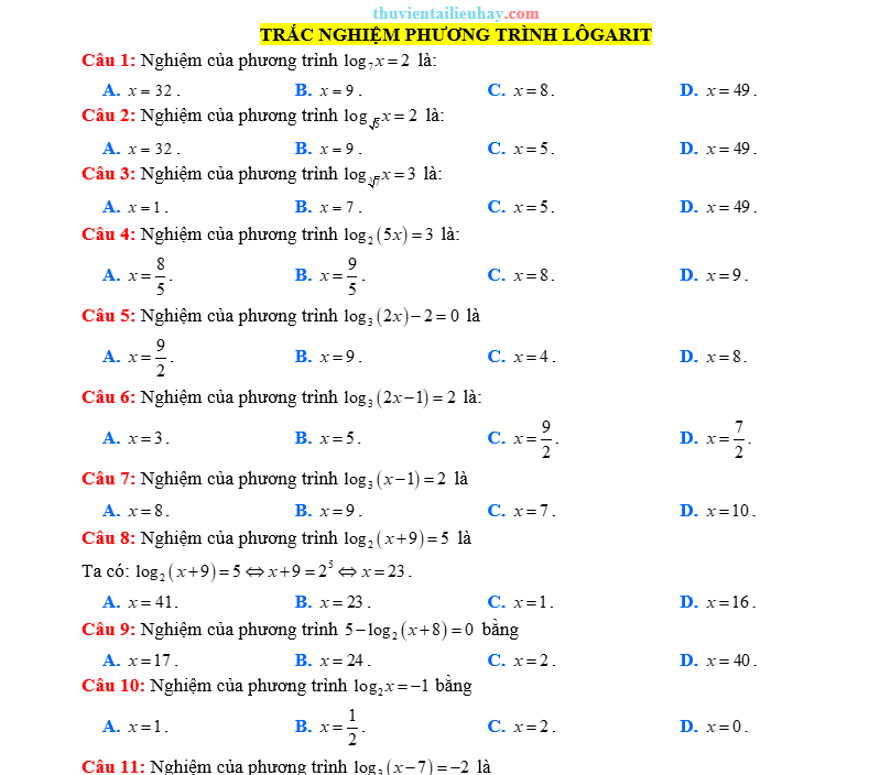 50 Câu Trắc Nghiệm Toán 11: Phương Trình Lôgarit