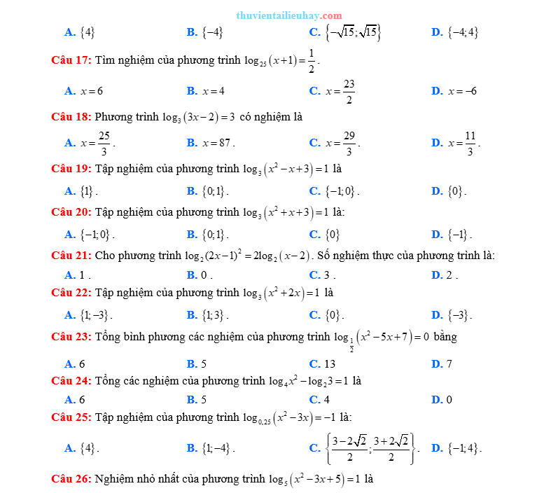 50 Câu Trắc Nghiệm Toán 11: Phương Trình Lôgarit