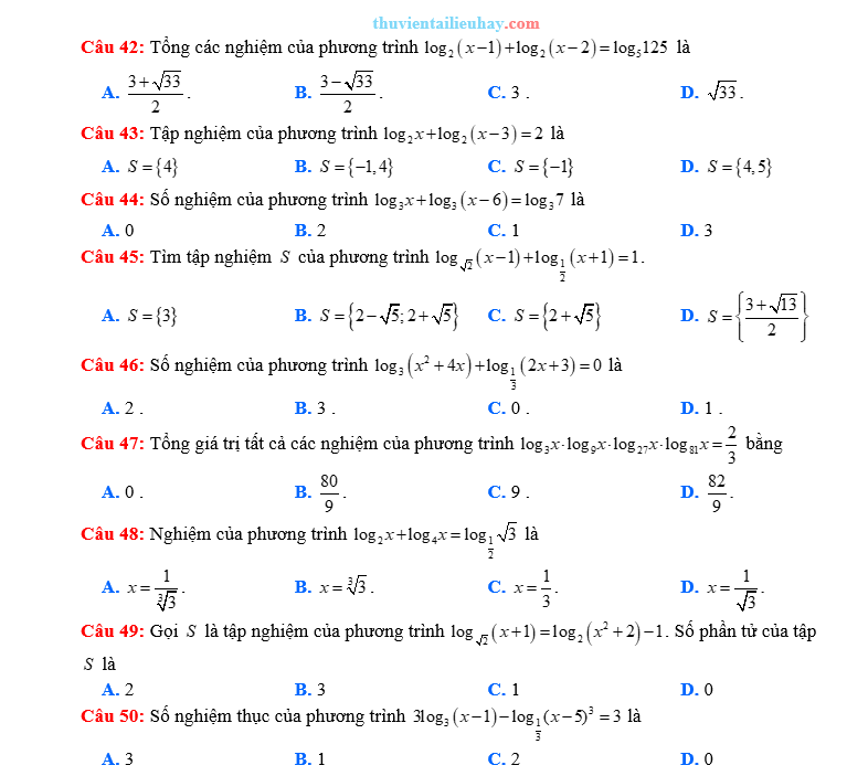 50 Câu Trắc Nghiệm Toán 11: Phương Trình Lôgarit