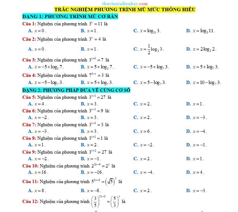 60 Câu Hỏi Trắc Nghiệm Toán 11: Phương Trình Mũ Có Đáp Án Chi Tiết