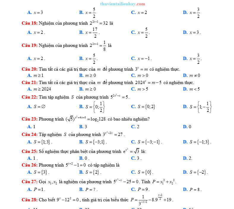 60 Câu Hỏi Trắc Nghiệm Toán 11: Phương Trình Mũ Có Đáp Án Chi Tiết