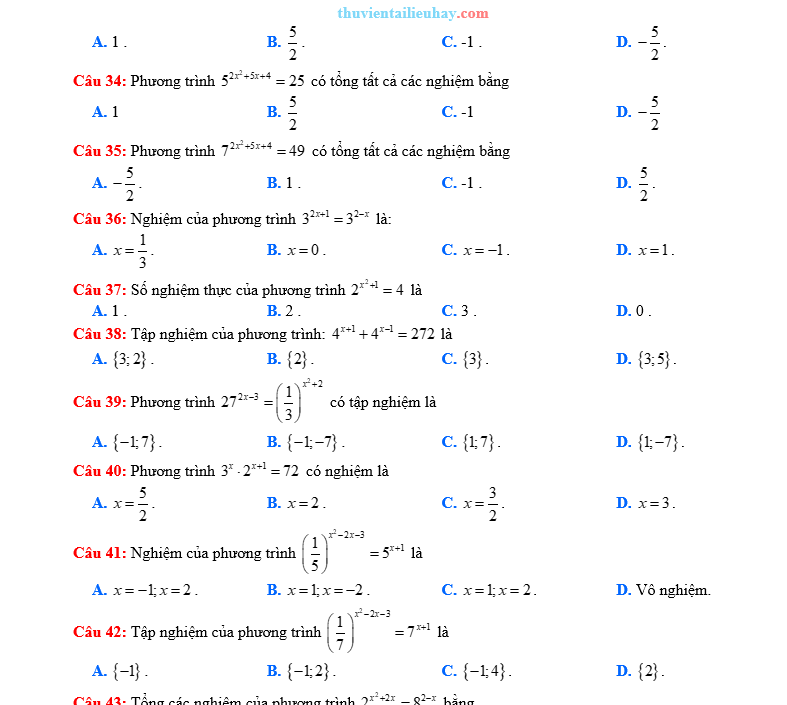 60 Câu Hỏi Trắc Nghiệm Toán 11: Phương Trình Mũ Có Đáp Án Chi Tiết